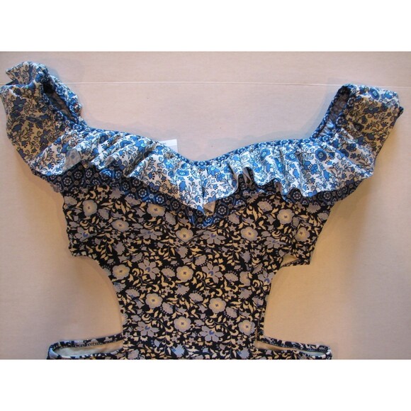 Ruffled Swim Bathing Suit Jessica Simpson Blue Off Shoulder PATCHED UP Cut Out M - Picture 3 of 5